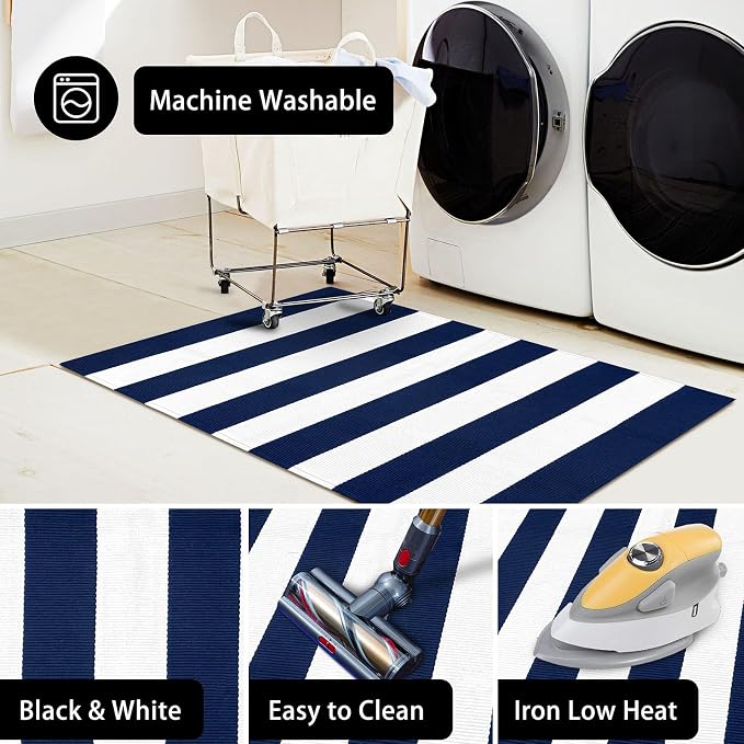 KOZYFLY Striped Outdoor Rug 27.5x43 Inches Front Door Rug Navy and White Woven - Image 6