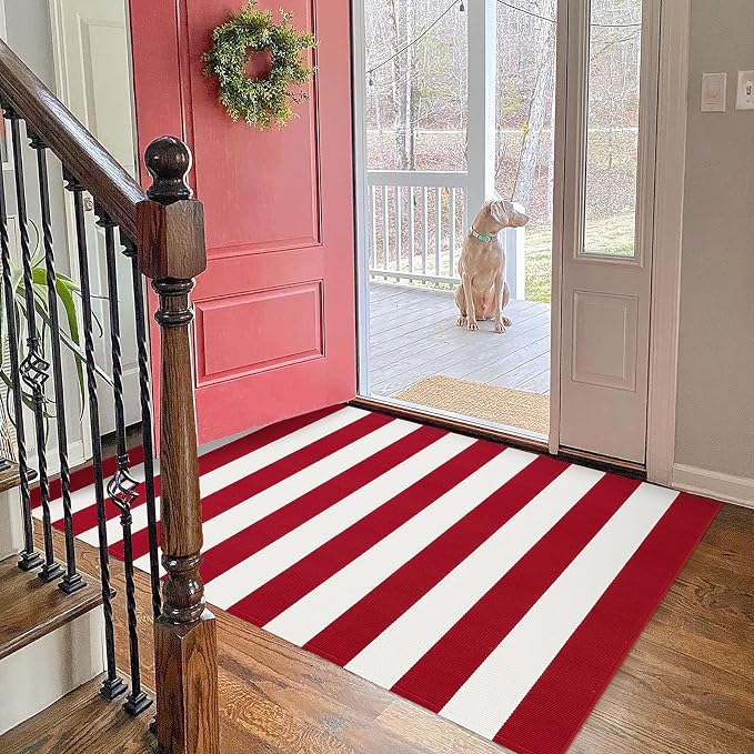 KOZYFLY Red White Striped Outdoor Rug 3x5 Ft Woven Christmas Area Rug Washable - Image 7