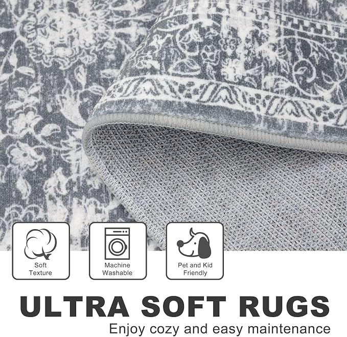 KILOCOCO Area Rug 4x6 Entryway Rug Washable Printed Vintage Floral Rubber - Image 6