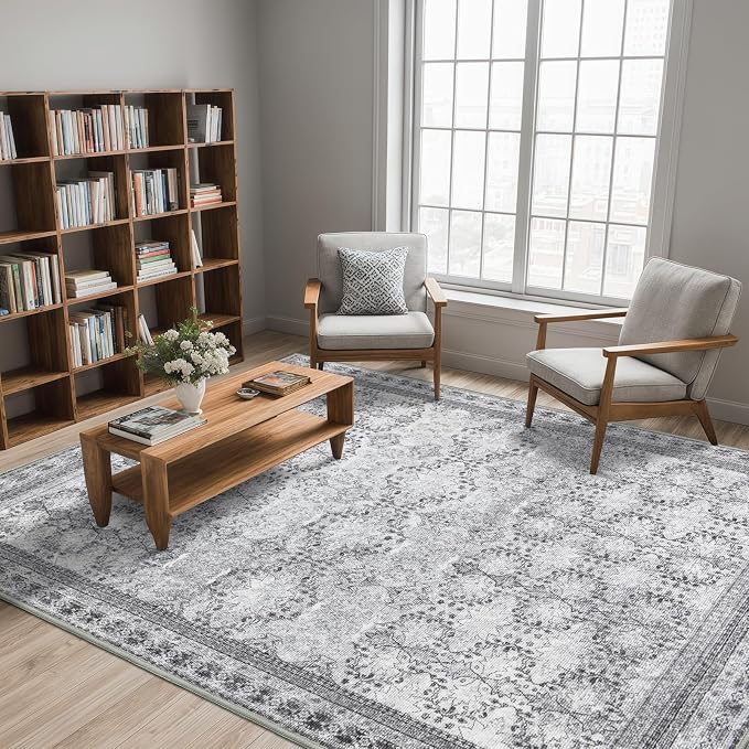 6x9 Washable Area Rug Non Slip, Faded Grey Living Room Rugs Low Pile, Thin - Image 5