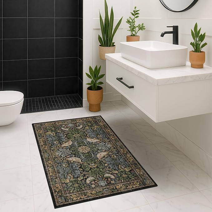 Washable Dark Vintage Floral Rugs - Image 3
