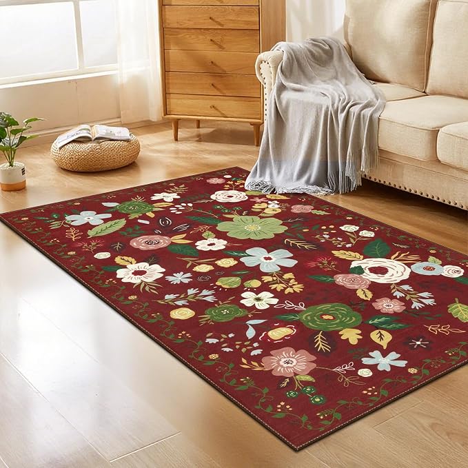 U'Artlines 3x5ft Colorful Red Christmas Floral Rug, Non Slip Washable Area Rug - Image 6