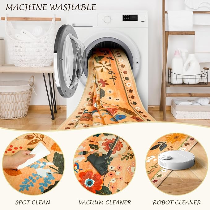 Floral 9x12 Area Rug Machine Washable Soft Print Boho Carpet Non Slip Doormat - Image 5