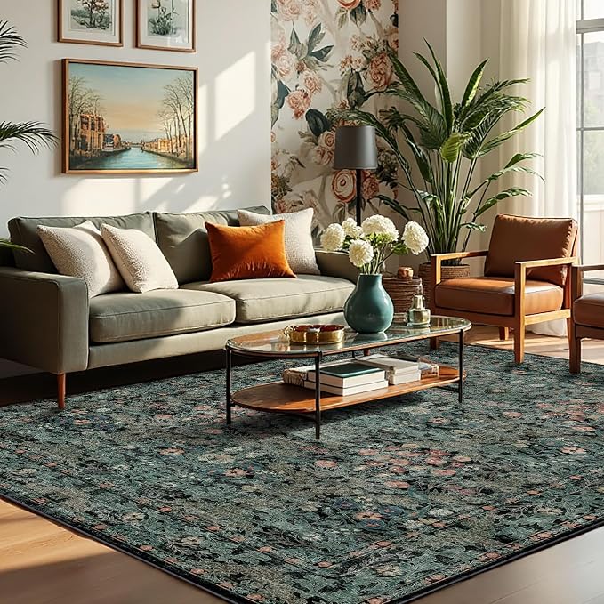 Dark Green Boho 5x7 Area Rugs for Bedroom Aesthetic, Washable Floral Rug for - Image 2