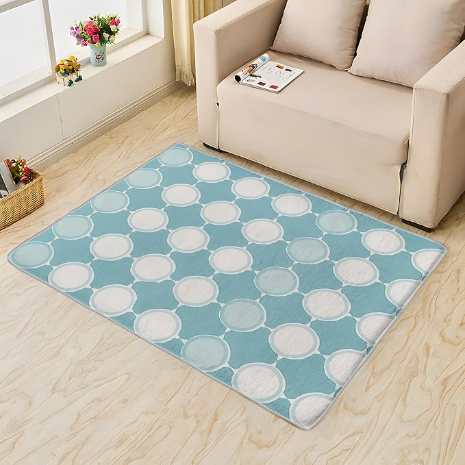 Aqua and White Area Rug, Machine Washable, Non Slip, Fade Resistant, Stain - Image 2