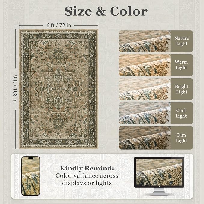 Moody 6x9 Area Rugs for Living Room, Low Pile Thin Washable Non Slip Rugs for - Image 2