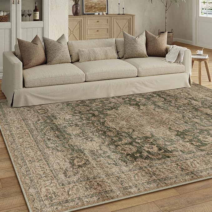 10x12 Vintage Area Rug Green Brown Living Room Bedroom Washable Carpet Non-Slip - Image 4