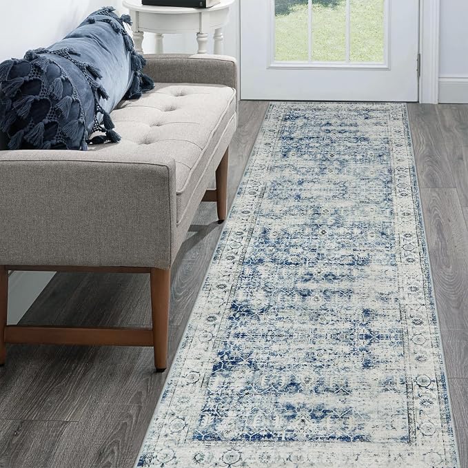 Morebes Vintage Washable Laundry Room Rugs and Mats, 2.5x8 Blue Runner Rug Non by Morebes