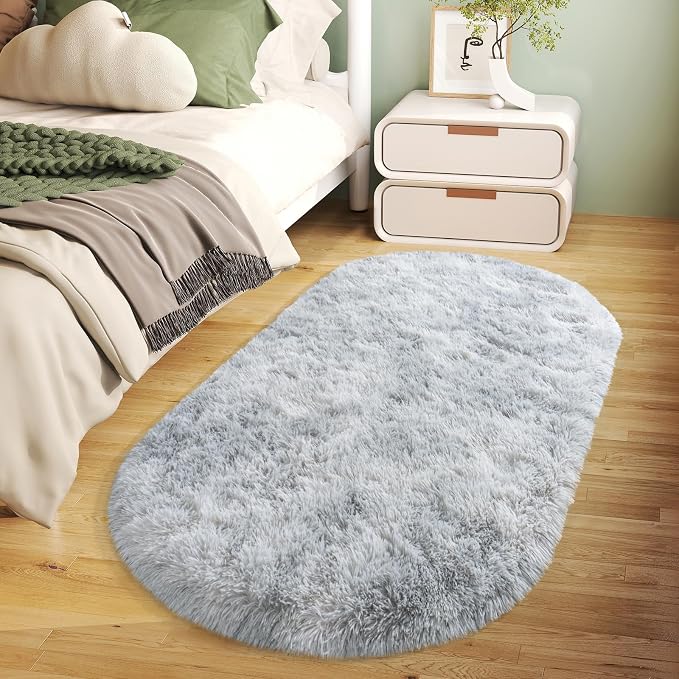 Soft Fluffy Area Rug for Bedroom, Fuzzy Shaggy Oval Throw Rugs for Bedside by WISHTREE