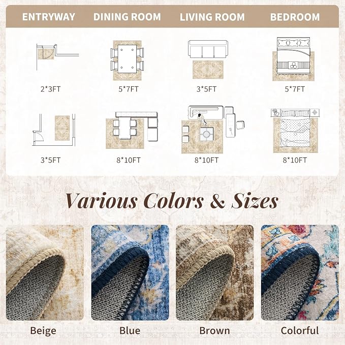 tchdio 8x10 Area Rugs for Living Room, Vintage Non Slip Washable Rug, Soft Low - Image 7