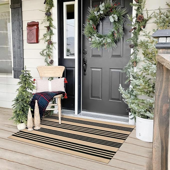 Black and Khaki Striped Rugs 2.3'x3.6', Washable Hand Woven Front Door Rug by Sungea