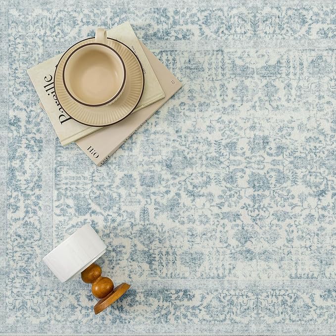 Blue Area Rug 8x10 Machine Washable Large Vintage Living Room Distressed Non - Image 7