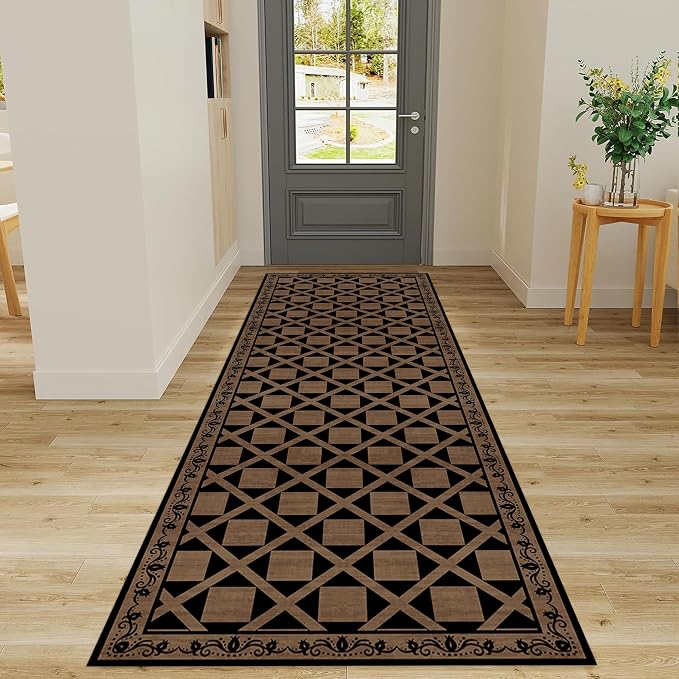 Minimalist Checkered Runner Rug, Floral Print Hallway Kitchen Runners Rugs by LHOMKCV