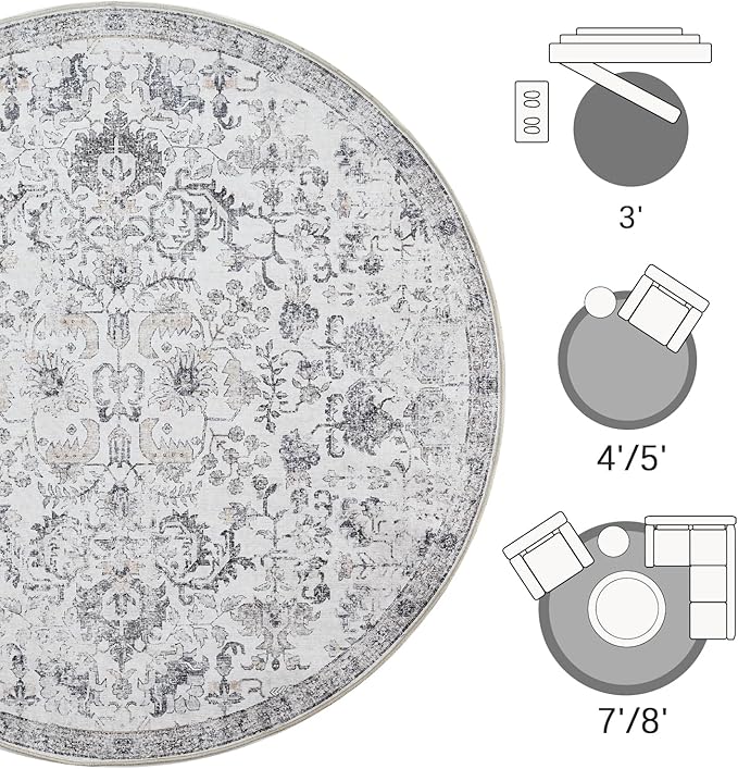 jinchan Kalen Round Rug 5ft Area Rug Washable Vintage Indoor Retro Entryway - Image 7