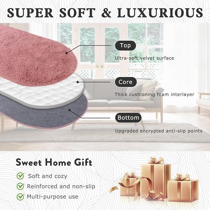Soft Fluffy Rugs for Bedroom, Blush Pink Fuzzy Shaggy Oval Bedside Area Rug Set - Image 5