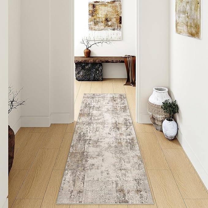 3x8 Washable Runner Rug Brown Grey Abstract Hallway Kitchen Throw Rug Neutral - Image 4