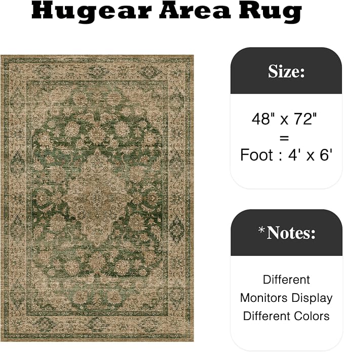 HUGEAR 4x6 Entryway Area Rug Retro Green Small Rug Machine Washable Door Mat - Image 2