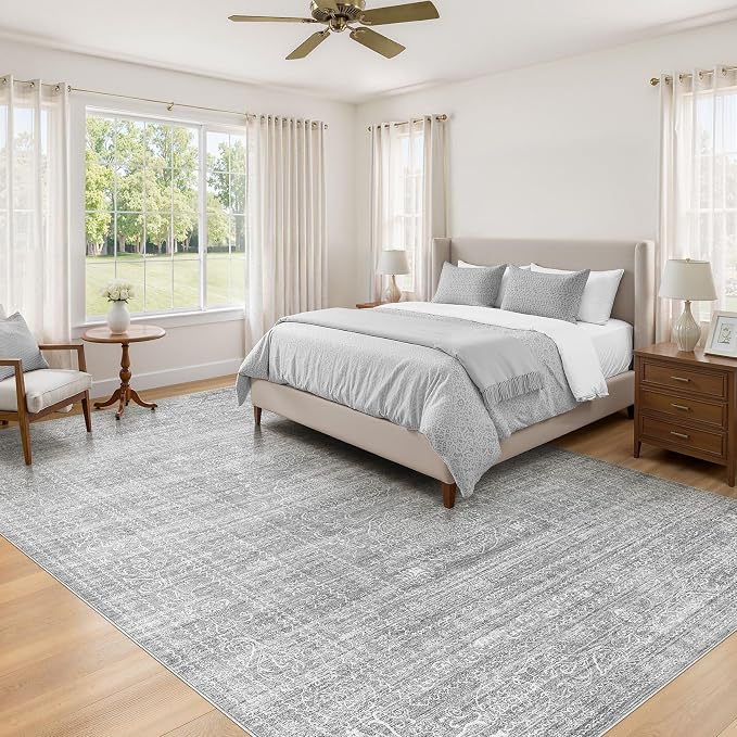 7x9 Area Rug Living Room: Washable Large Vintage Grey Rug Neutral Non-Slip Soft - Image 5