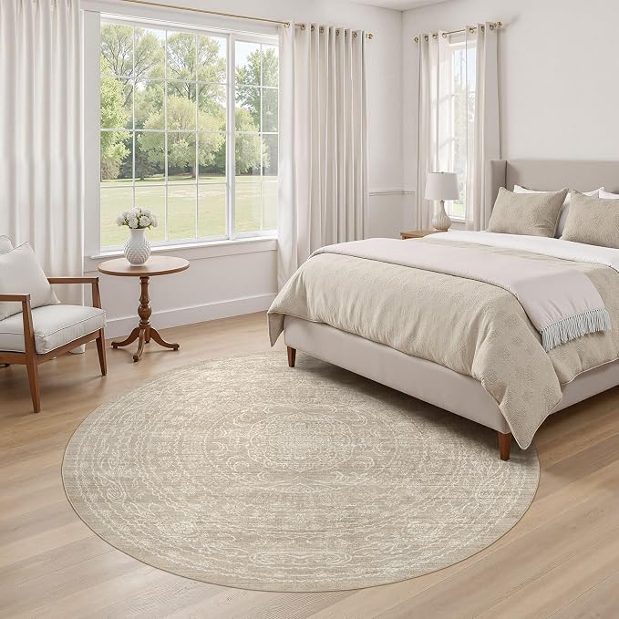 6ft Round Rug Living Room: Washable Large Vintage Rug Neutral Non-Slip Soft - Image 6