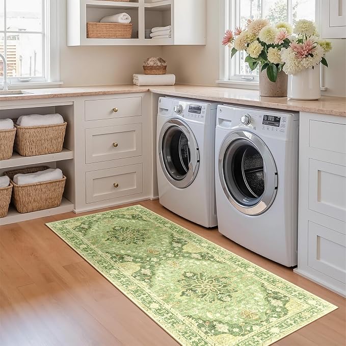 Area Rugs 2'x6' Washable Non-Slip, Floral Vintage Distress Print Pattern - Image 4