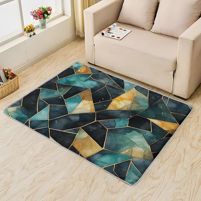 Blue and Gold Rug, 6x8 Rug, Watercolor Art Rugs - Image 2