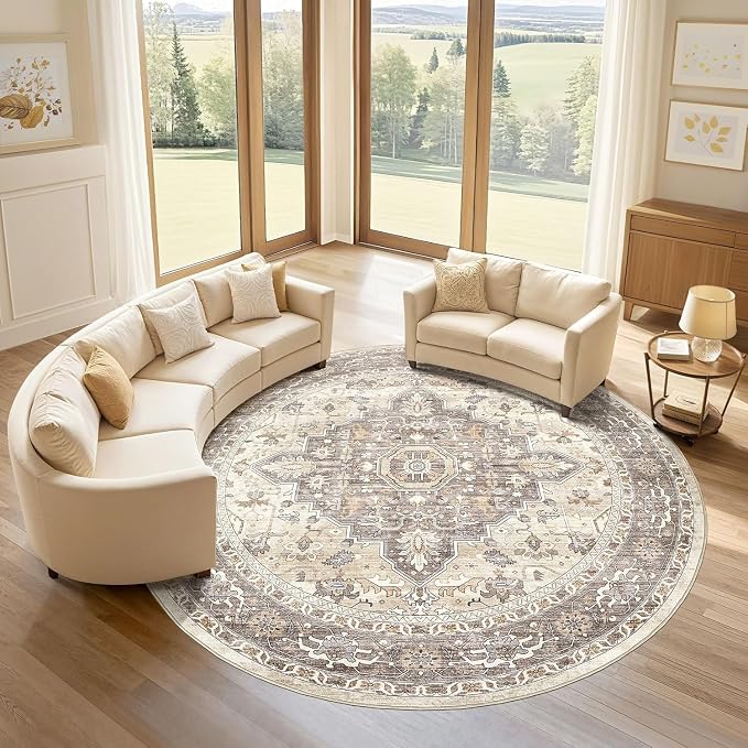 Round Rug Living Room Rugs: 7x7 Washable Boho Neutral Large Circle Soft Indoor by LOONGRUG