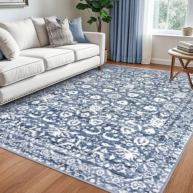 Vintage Floral 5x7 Rug, Light Blue White Washable Area Rug by lansny