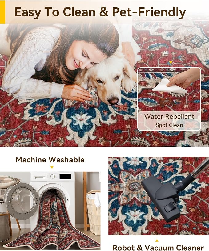 Area Rugs 8'x10' Washable Non-Slip, Floral Vintage Distress Print Pattern - Image 5