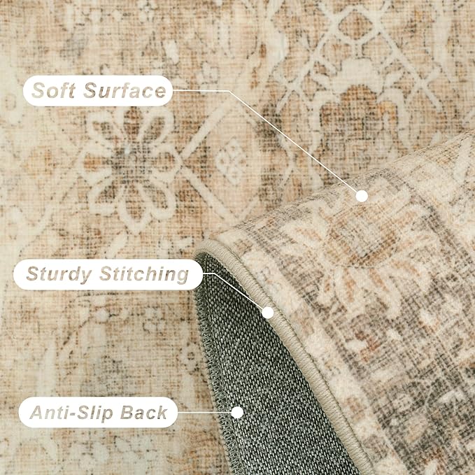 5x7 Beige Washable Rug for Living Room Large Vintage Distressed Bedroom Rug Low - Image 6