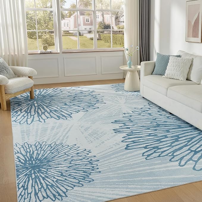 WITSHOCK 8x10 Washable Rug for Living Room, Modern Floral Distress Print by WITSHOCK