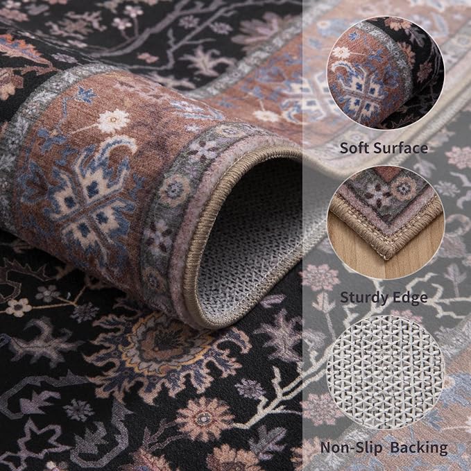 Ciicool Black Area Rugs Washable Non Slip Runner Rug, 2x6ft Hallway Rug Vintage - Image 3
