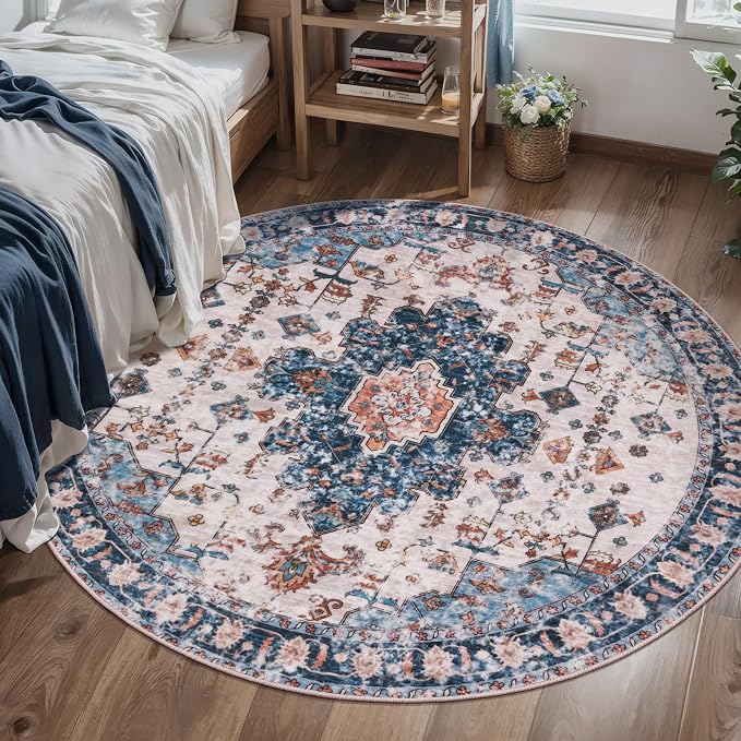 Tangsoo Vintage Round Rug 5ft, Washable Circle Rug, Non Slip Boho Round Area Rug by Tangsoo