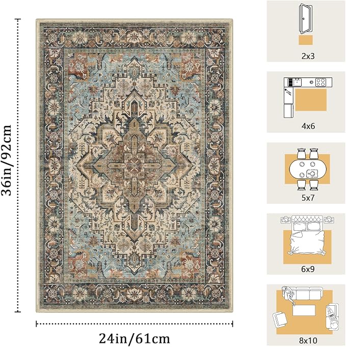 2x3 Machine Washable Area Rug for Entryway, Kids and Pets Friendly for Bedroom - Image 2