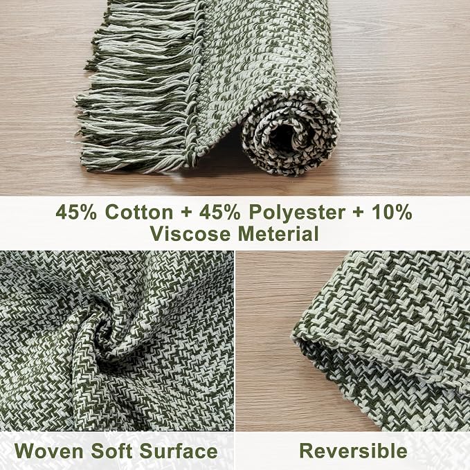 Collive Hallway Runner Rug, Olive Green/Cream Contemporary Modern Laundry Room - Image 3