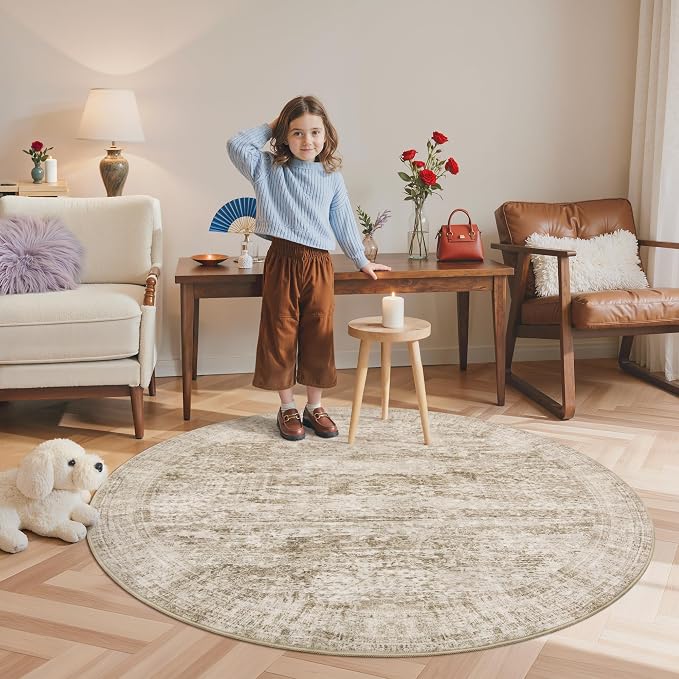 5x5 Brown Round Rug 5ft Living Room Circle Rug Vintage Round Area Rug Non Slip - Image 2