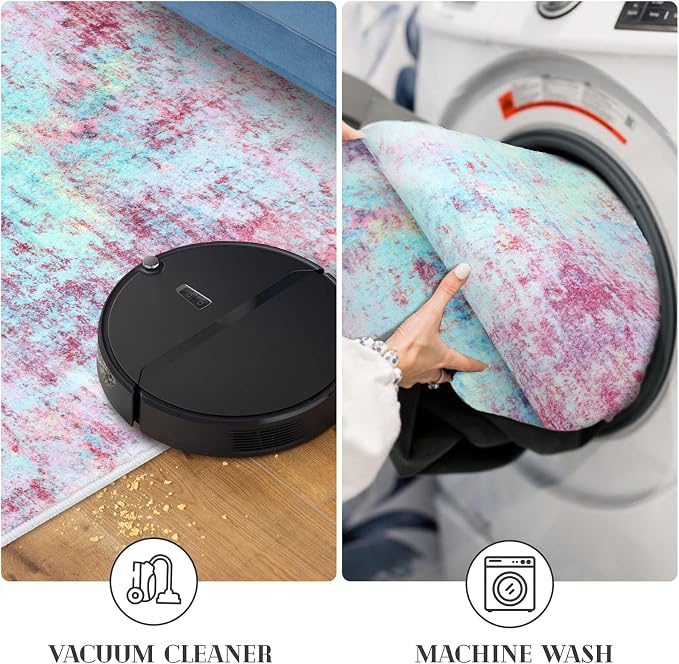 Modern Abstract 3x5 Girls Room Rug, Machine Washable Blush Pink Sky Blue - Image 6