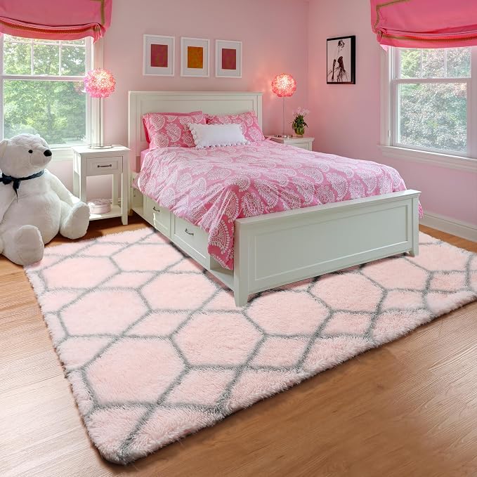 ONASAR Area Rugs for Bedroom Living Room, Washable 4x6 Fluffy Pink and Grey - Image 5
