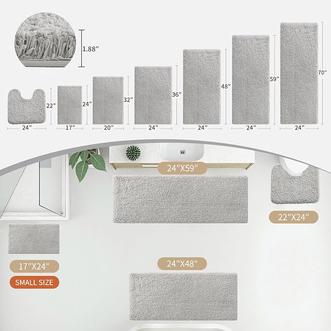 Gray Bathroom Runner Rug 24x59 Non Slip Fluffy Long Bath Mat - Image 3