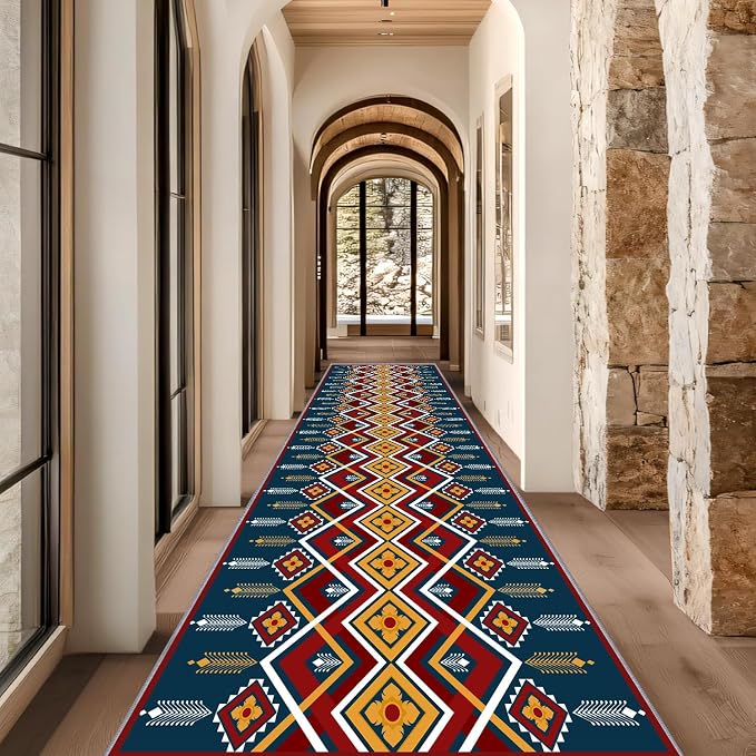Dark Blue Runner Rug, 3x12ft Red Yello Diamond Hallway Decor Carpet, Corridor & - Image 4
