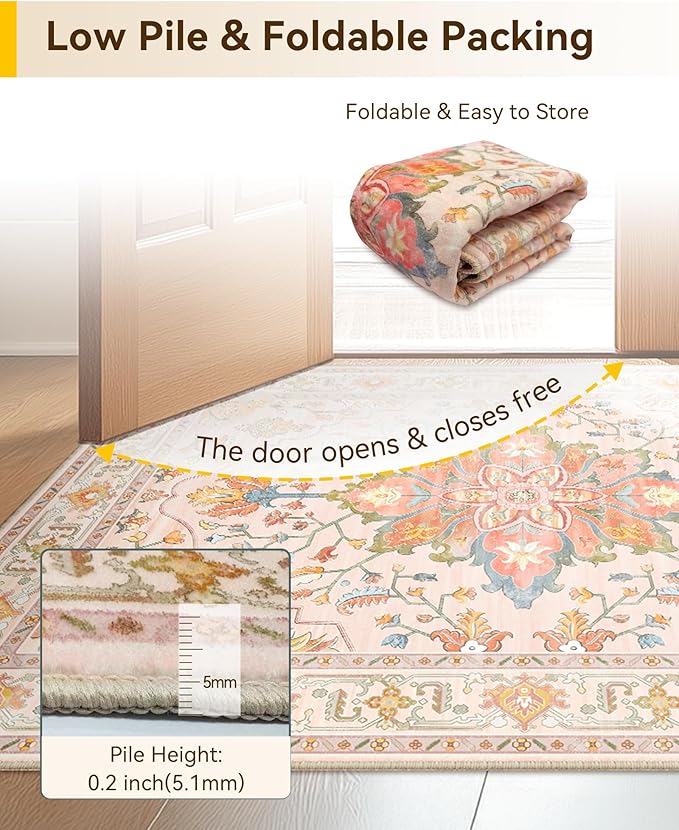 Area Rugs 6ft Washable Non-Slip, Floral Vintage Distress Print Pattern - Image 4