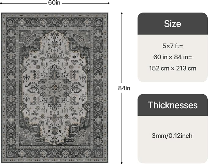 Bavni Vintage 5x7 Area Rugs, Boho Oriental Living Room Rug, Machine Washable - Image 2