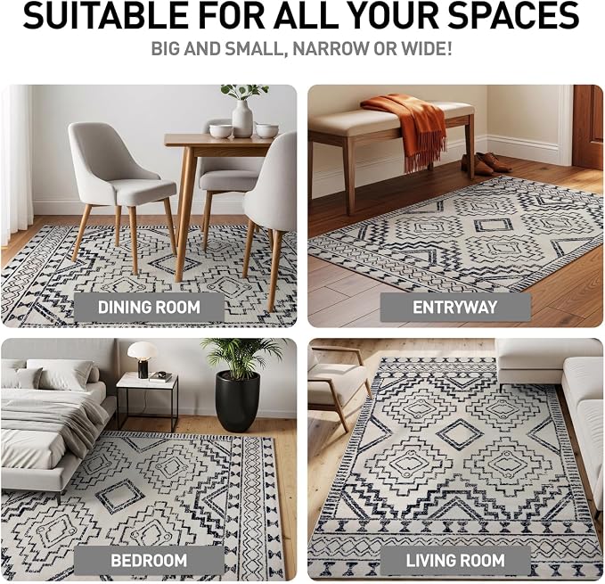Rugshop Cream and Black Southwestern Tribal Area Rug – Boho Geometric Diamond - Image 3