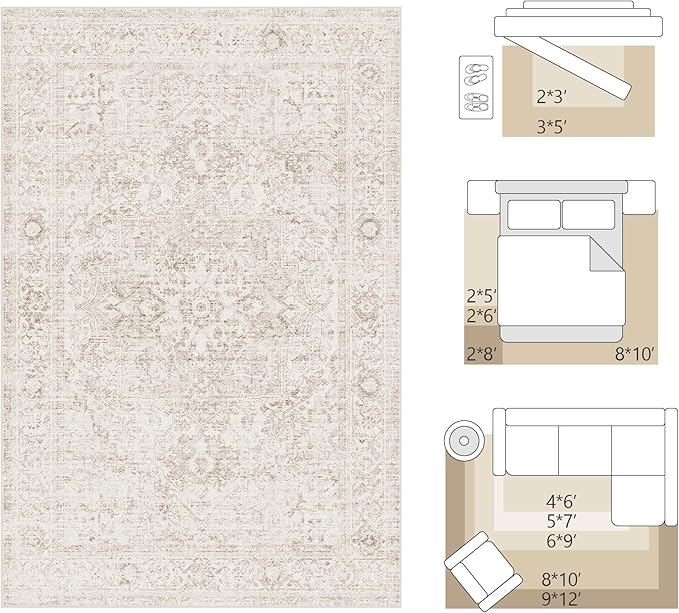 FMFUNCTEX 6x9 Washable Area Rug Beige Vintage Neutral Distressed Oriental Large - Image 2