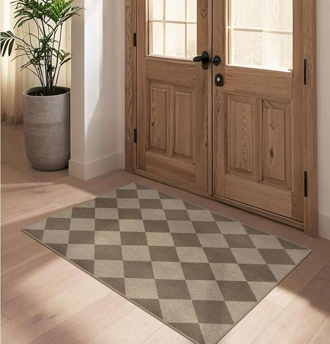 Easy Jute Checkered Entryway Rug, 2.6x4 Brown Modern Indoor Outdoor Doormat by Rugalia