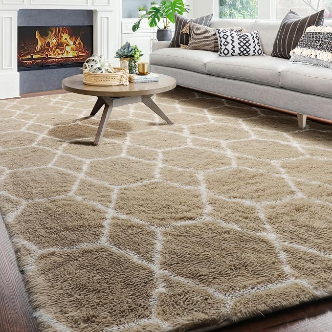 ONASAR Large Area Rugs for Living Room, Fluffy 7x10 Beige and White Thick Floor by ONASAR