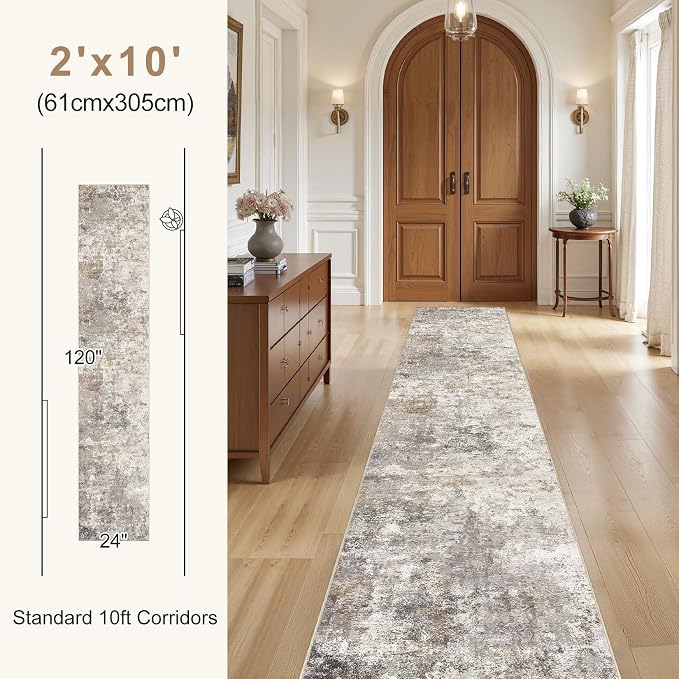 2X10 Washable Runner Rug for Hallway: Soft Neutral Modern Abstract Area Rug - Image 5