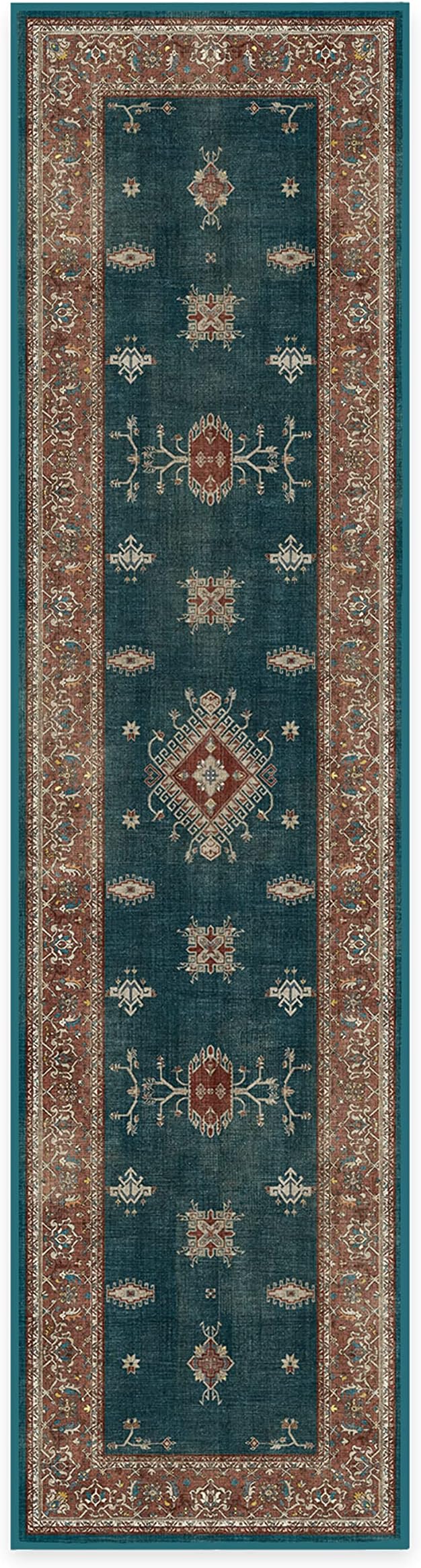 RUGGABLE Washable Vintage Runner Rug – Verena Teal Blue 2.5x10, Stain-Resistant by RUGGABLE