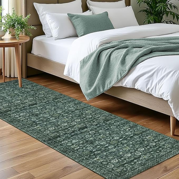 Vintage Floral 2x7 Runner Rug, Dark Green Washable Kitchen Runner Rug Non-Slip by lansny