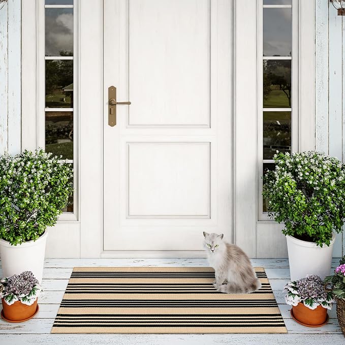 Striped Outdoor Front Door Mat 24"x51", Cotton Hand Woven Washable Black and - Image 7