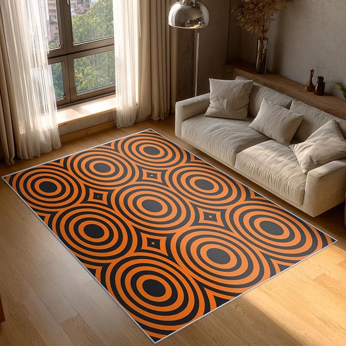 5x7 Geometric Circle Rugs for Bedroom Decor, Washable Retro 60s 70s Geometry - Image 3